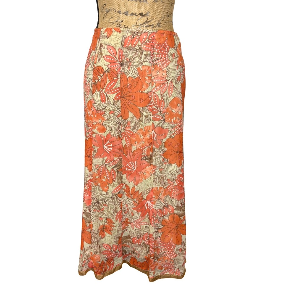 Vintage RQT Tropical Floral Midi Skirt Orange Bohemian Hippie Fairycore Size 12